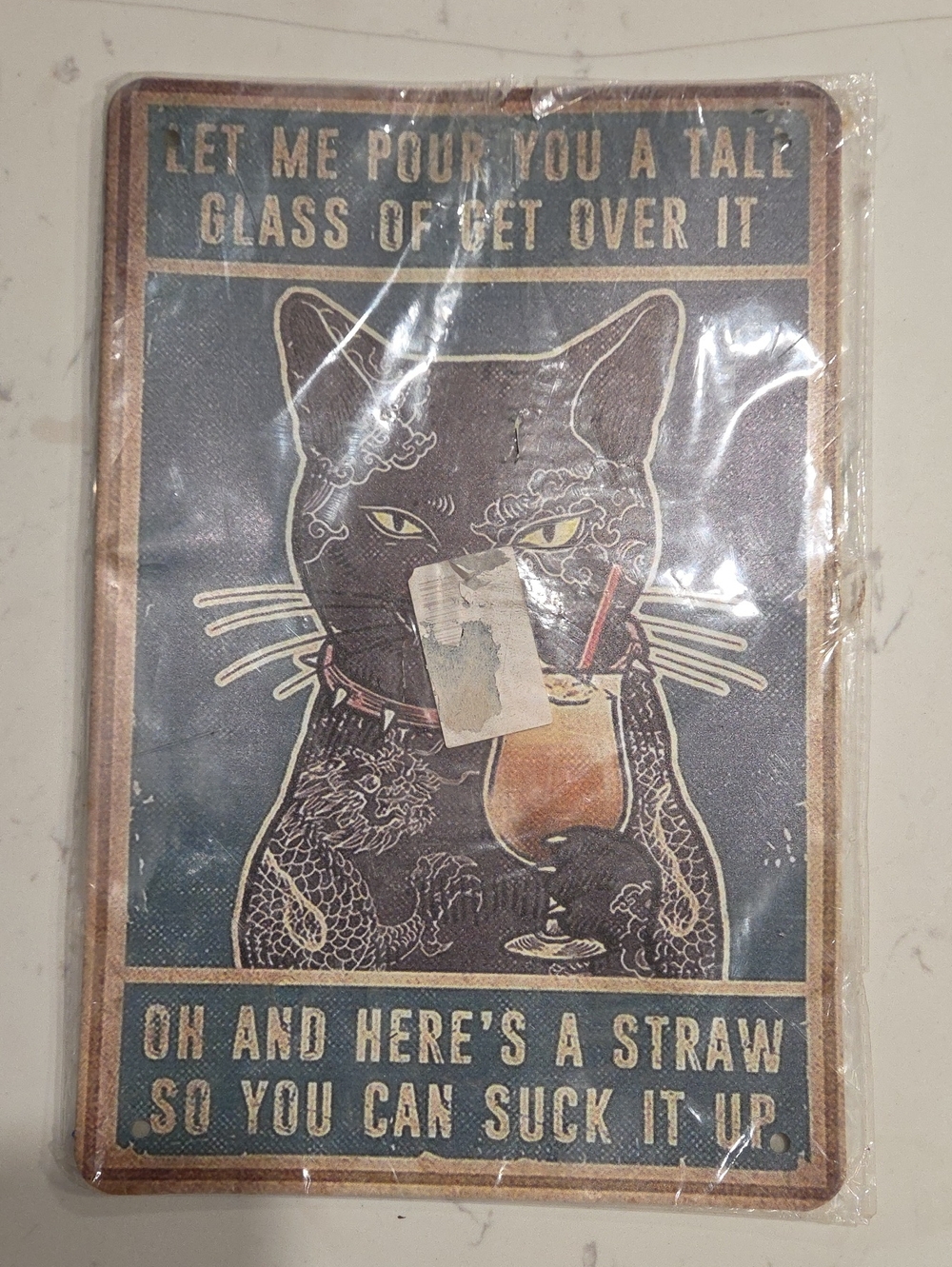 Metel Vintage-Style Cat Wall Sign - Blue and Brown